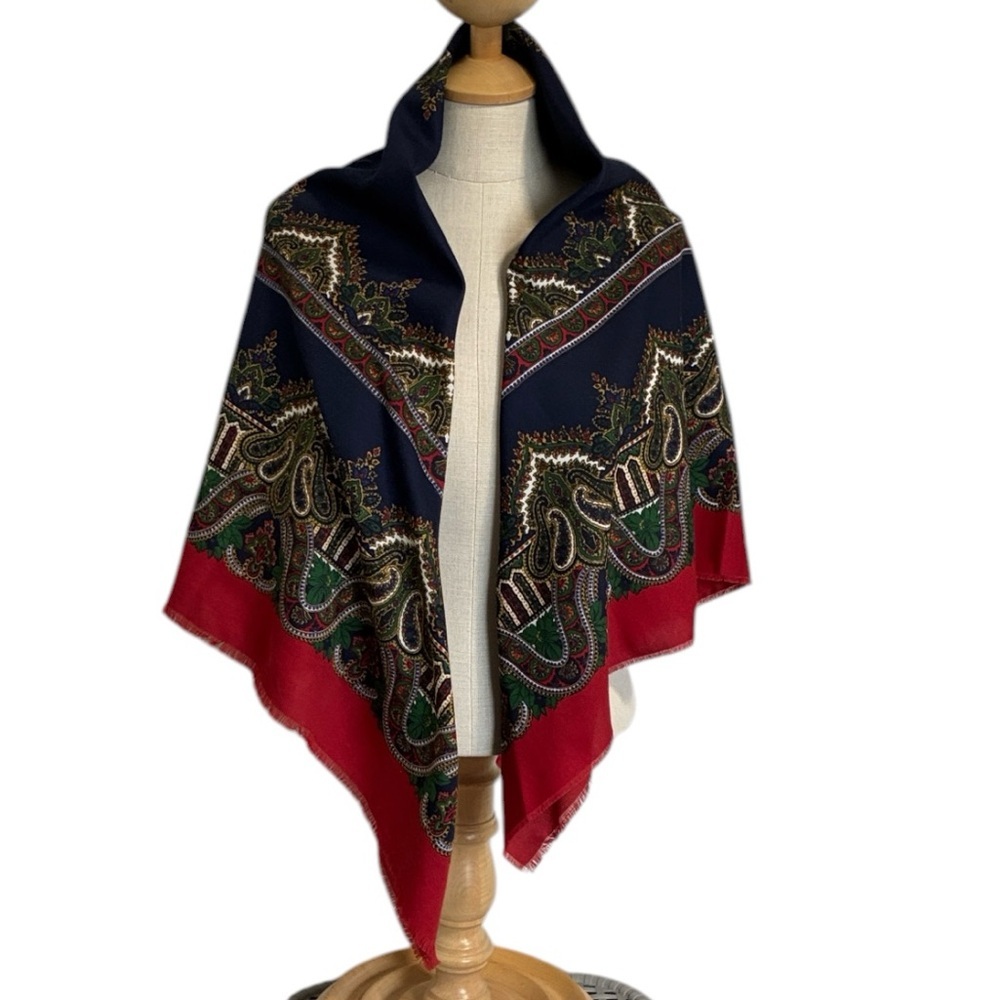 Large Decorative Paisley Border Square Scarf - Blue Red Green
